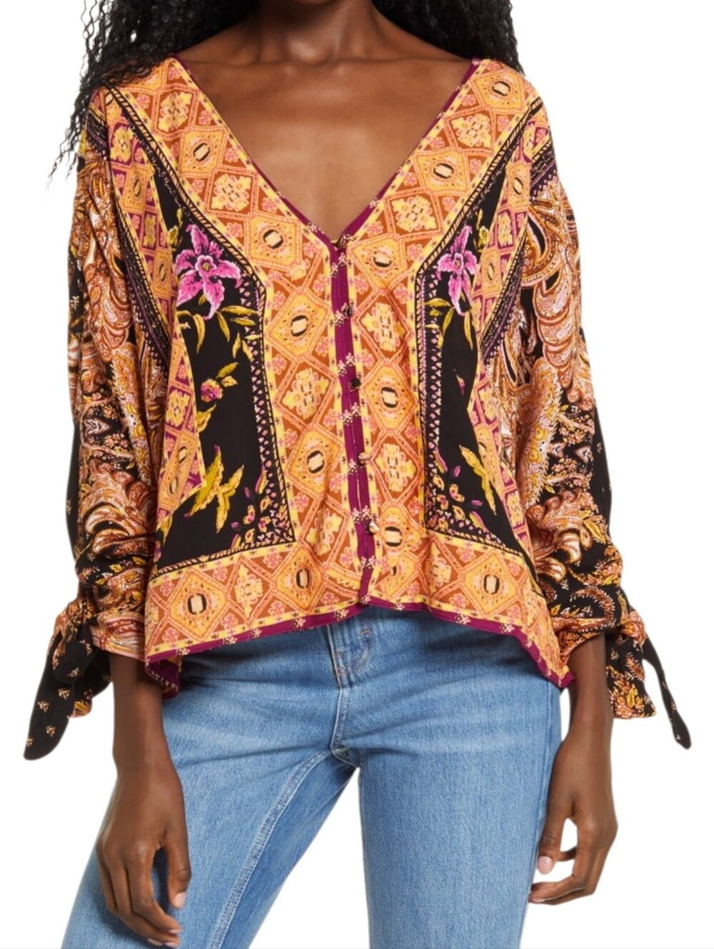 NWT Free People Catch Me If You Can Blouse Top Boho Floral Patchwork V-Neck Med